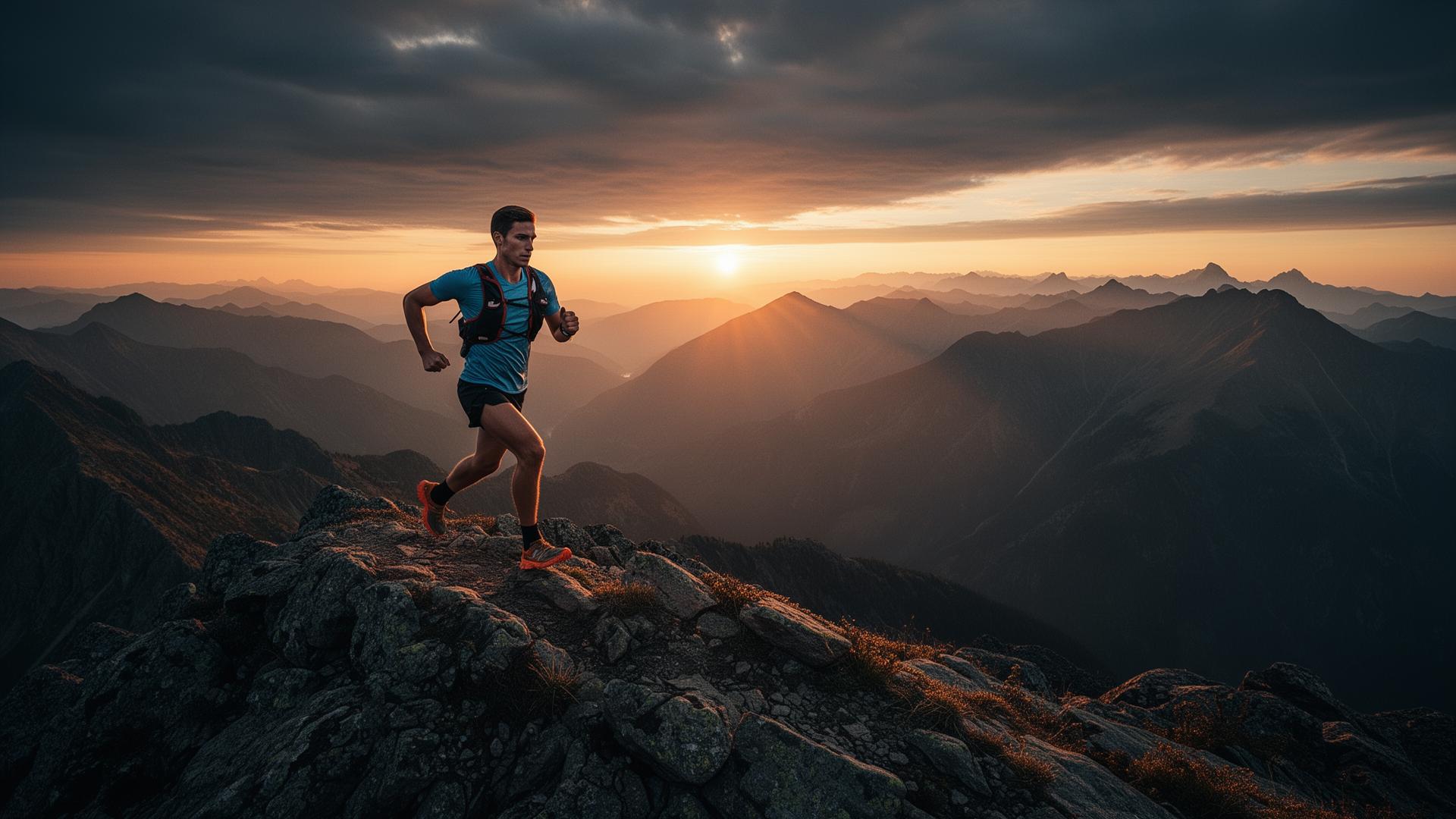 Trail runner op een bergrug bij zonsopgang